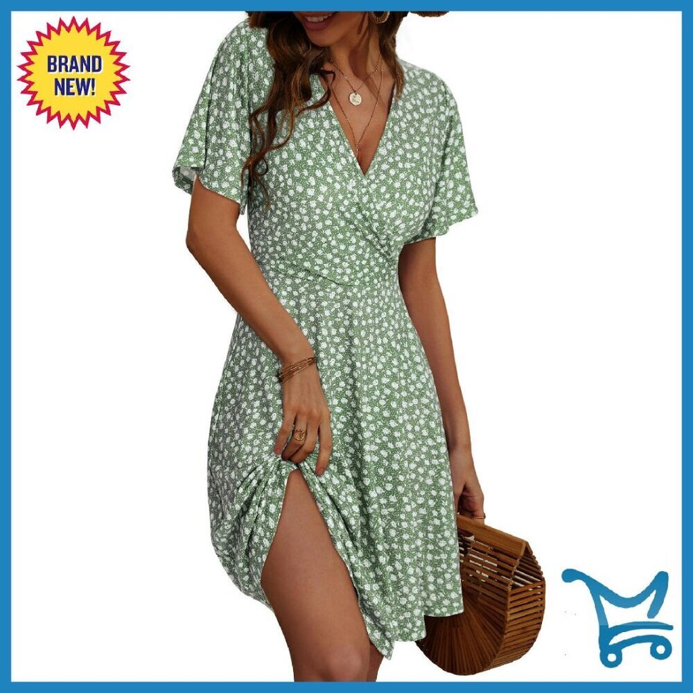 Women's Summer Floral Wrap V-Neck Midi Dress Short Sleeve A-Line